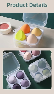 Detail of 4-piece makeup sponge set with teardrop shapes in a clear storage box