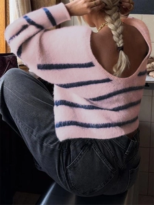 Pink striped knit sweater with open back design and navy horizontal stripes for women