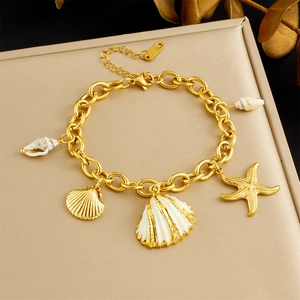Ocean Charm Bracelet Gold Plated Stainless Steel Natural Shell Starfish Scallop Conch Summer Beach Vacation Jewelry Women