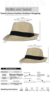 Detailed size and material guide for summer straw jazz sun hats in multiple colors