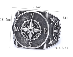 Detail view of vintage Viking compass ring showing 18.5mm x 19.5mm size and 18.8g weight
