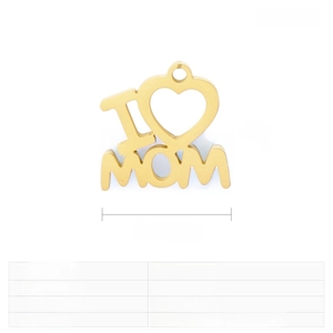 Détail du pendentif coeur doré 15mm avec découpe I Love Mom en acier inoxydable poli