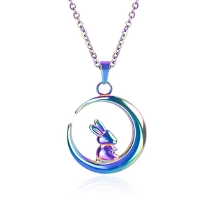 Rainbow gradient moon and rabbit pendant necklace with high-shine metallic finish