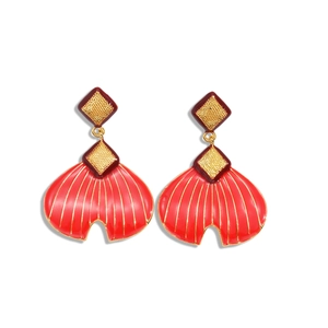 Retro diamond and red enamel fishtail drop earrings with gold textured finish for women