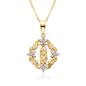 18K gold plated Virgin Mary necklace with floral border and sparkling white zircons