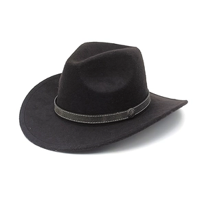 Close-up of wide brim black wool felt cowboy hat with vintage metal logo on leather band