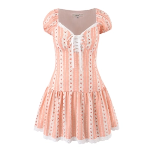 Vestito Mini Floreale Maniche a Sbuffo Allacciatura Collo Quadrato Orlo a Volant Retro Dolce Francese Estate