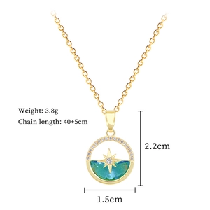Detail view of gold celestial necklace with blue gemstone and starburst pendant dimensions