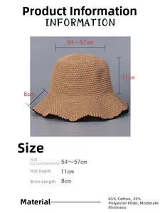 Detailed view of khaki knitted sun hat dimensions and 65% cotton blend material specs