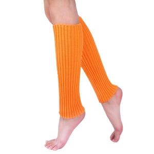 Macro shot of bright orange ribbed knit leg warmers showing detailed texture and elasticity