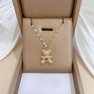Cute Bear Pendant Necklace Stainless Steel Chain Copper Zircon Heart Micro Pave Adjustable Sweet Jewelry For Women