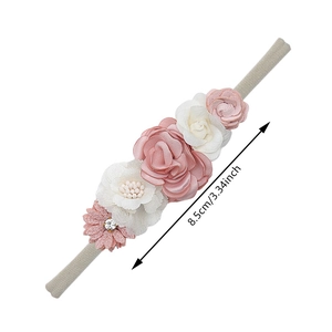 Floral baby headband with pink roses and white daisies on beige elastic strap, 8.5cm size
