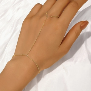 Detailed view of S925 silver gold hand chain ring with tiny beads on white silk