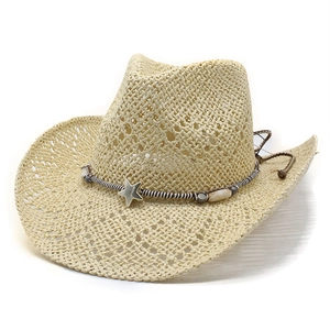Western Style Straw Cowboy Hat Hollow Out Paper Sun Protection Beach Breathable With Metal Star Decoration Ethnic Beads