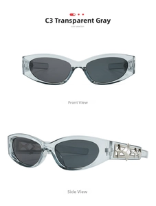 Y2K oval sunglasses with transparent grey frame and silver star detail on the temples