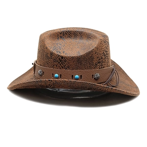 Detail of wide brim western cowboy hat with brown snake texture and turquoise bead band