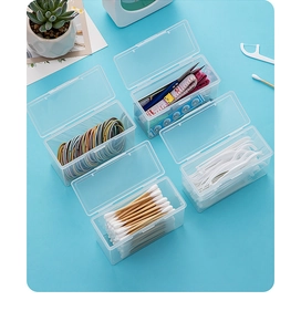 Overhead view of four transparent plastic storage boxes with lids for small item organization