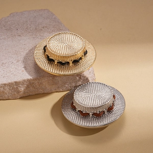 Textured metallic boater hat brooches with faux leather chain in gold and silver
