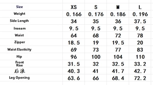 Detailed size chart for irregular hem skort showing waist, hip, and length measurements