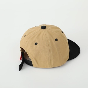 Top view of two-tone cotton baseball cap showing back adjustable strap and khaki panels