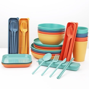 Eco-friendly wheat straw dinnerware set with plates, bowls, cups and cutlery in 4 colors
