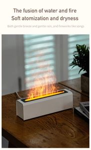 Close-up of ultrasonic mist outlet with LED 3D flame effect on white humidifier