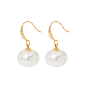 Elegant gold hook earrings featuring round white pearls in a minimalist aesthetic style