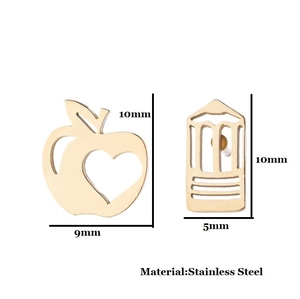 Gold stainless steel asymmetrical apple and pencil earrings with size dimensions