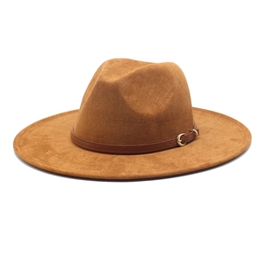 Vintage Wide Brim Fedora Hat Suede Polyester With Faux Leather Belt Metal Buckle Retro Western Cowboy For Men Women