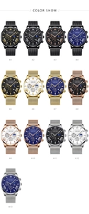 Collection of multi-functional men's quartz watches with mesh bands in various colors