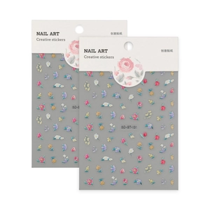 Two-piece 5D embossed nail art stickers with colorful floral designs in 3D relief style
