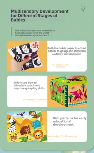 Sensory baby toy box with crinkle paper and colorful animal patterns for infant development
