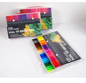 Detailed set of 48 and 60 dual-tip watercolor markers with soft brush and fine liner pens