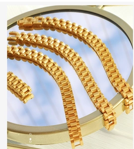 Detailed view of luxury gold-plated titanium watchband style chain bracelets on a tray