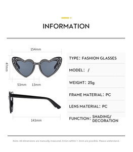 Detailed size chart for rhinestone heart sunglasses with frame and lens measurements