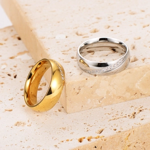 Minimalist stainless steel rings with diagonal zircon inlay in gold and silver finish