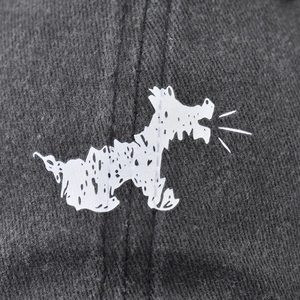 Charcoal grey washed cotton baseball cap with white hand-drawn puppy embroidery