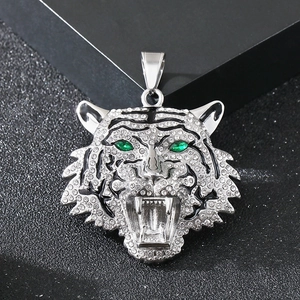 Hip hop style silver tiger head pendant with sparkling rhinestones and green gem eyes