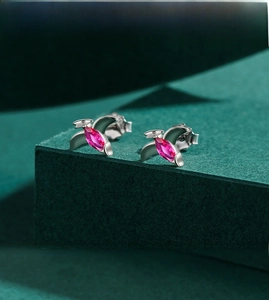 Détail macro de boucles d'oreilles en argent S925 en forme d'oiseau et gemme magenta