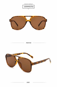 Detailed views of leopard print pilot sunglasses with gradient tea lenses from two angles