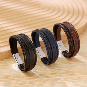 Men Leather Bracelet Multi-layer Braided Alloy Magnetic Clasp Vintage Fashion Handmade Casual Wristband
