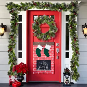 Christmas Wreath Garland Teardrop Swag Artificial Pine Needle Pine Cone Red Berry LED Light Door Staircase Home Decoration