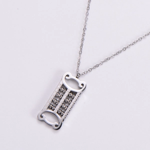Detailed close-up of a square abacus pendant necklace with movable silver beads