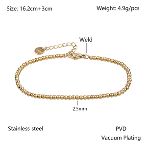 Detail showing 2.5mm golden stainless steel beads with PVD coating and lobster clasp