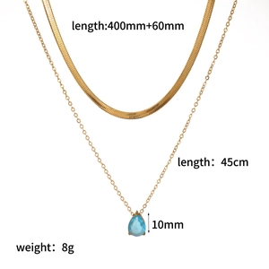 Detailed size chart of double layered gold necklace with blue teardrop zircon pendant