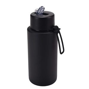 Detail view of the black matte stainless steel sports bottle lid with a pop-up nozzle and strap