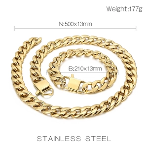 Ensemble collier et bracelet à maillons cubains en acier doré avec dimensions