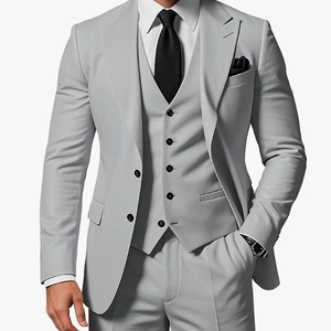 Detailed view of light grey slim fit three-piece suit set with waistcoat and wool texture