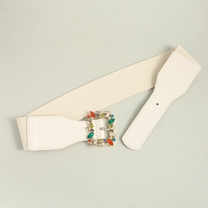 Chic beige wide elastic waist belt for women with colorful rhinestone encrusted metal buckle
