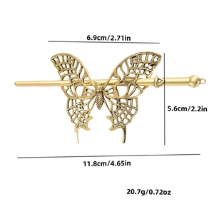 Gold hollow butterfly hair pin for women with detailed size measurements and weight info